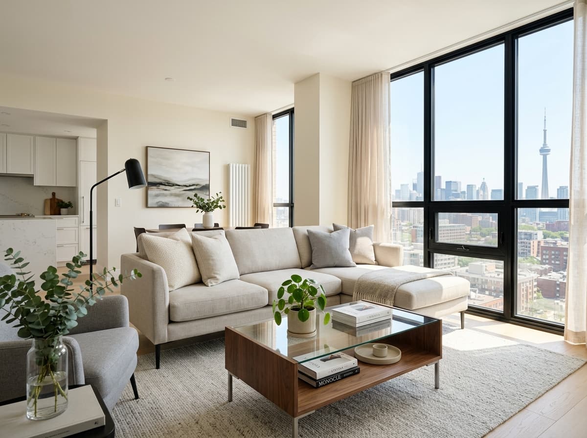A bright, freshly cleaned living room with sunlight across the floor